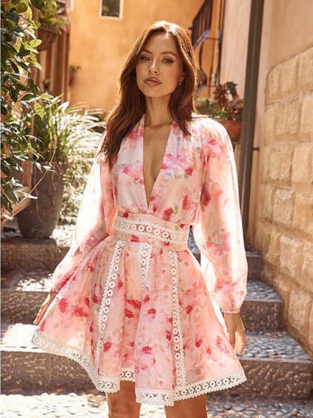 Hello Molly Pink Floral Lace-Trim Deep V skirt set